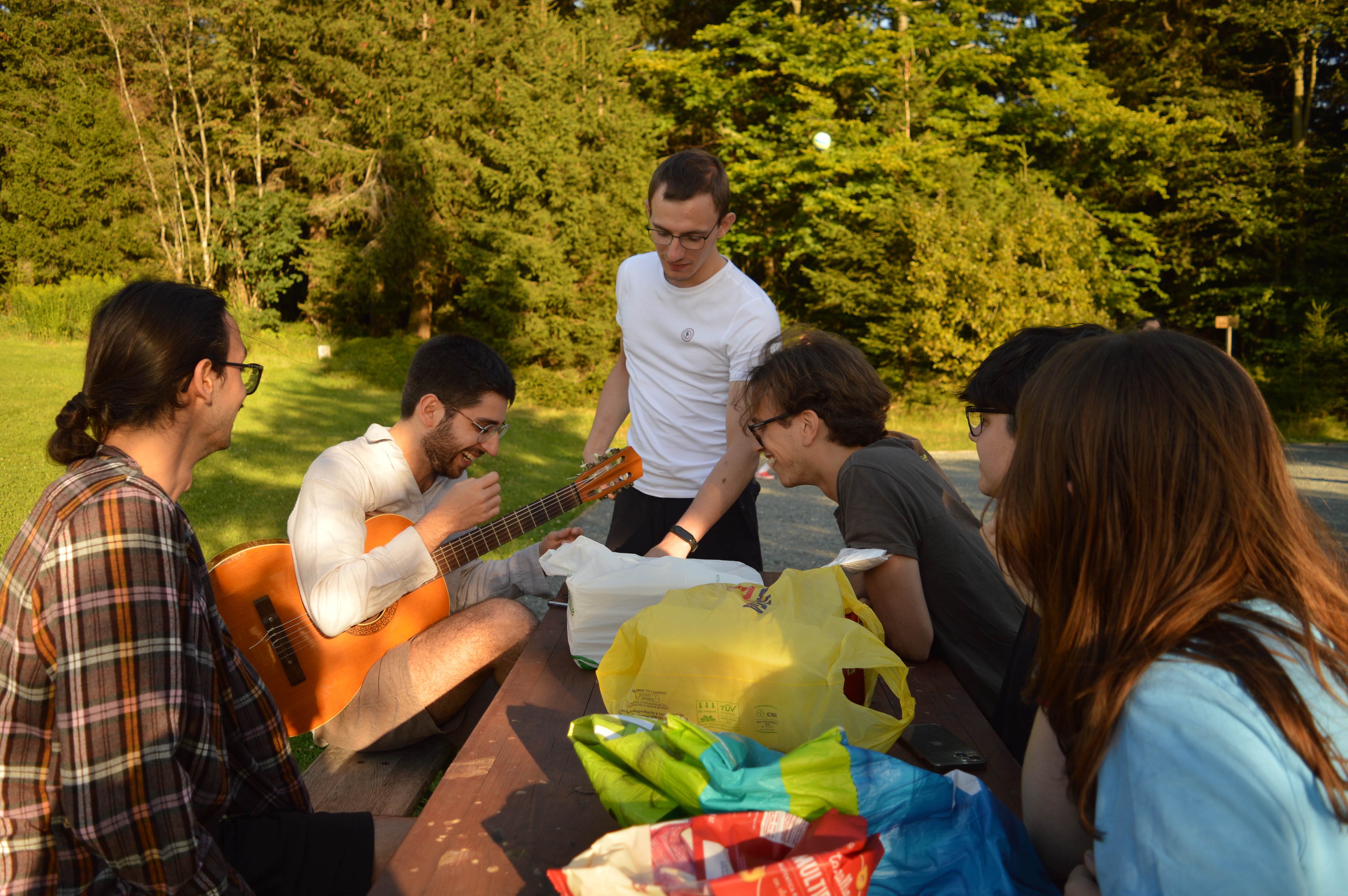 People laughing around a picnic table with a guitar.